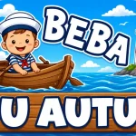 Personalizirani magnet za auto beba u autu s motivom malog mornara u prugastoj majici i kapi koji sjedi u drvenom čamcu na moru, sa svjetionikom u pozadini i natpisom 'U AUTU' na velikoj drvenoj dasci - Stickerai