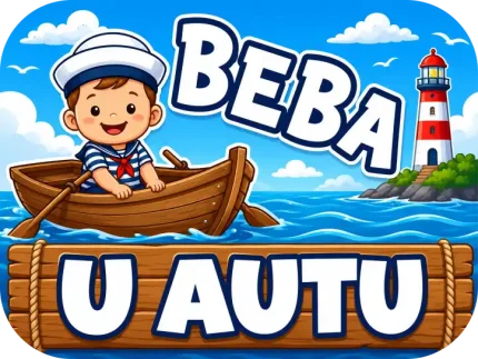 Personalizirani magnet za auto beba u autu s motivom malog mornara u prugastoj majici i kapi koji sjedi u drvenom čamcu na moru, sa svjetionikom u pozadini i natpisom 'U AUTU' na velikoj drvenoj dasci - Stickerai