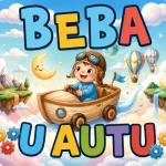 Personalizirani magnet za auto beba u autu s motivom malog pilota u drvenom letećem brodu koji plovi kroz sanjivo nebo s plutajućim otocima, balonima na vrući zrak i nasmijanim mjesecima - Stickerai