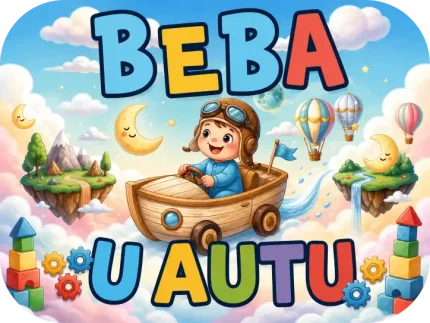 Personalizirani magnet za auto beba u autu s motivom malog pilota u drvenom letećem brodu koji plovi kroz sanjivo nebo s plutajućim otocima, balonima na vrući zrak i nasmijanim mjesecima - Stickerai