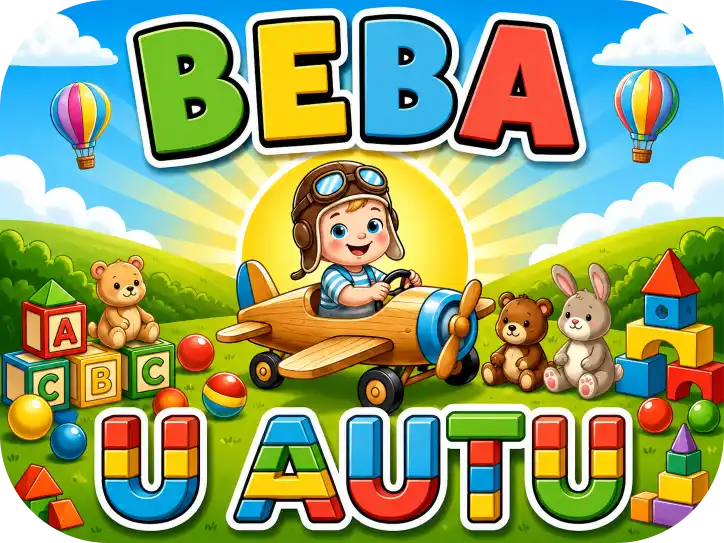 Magnetna Naljepnica za Auto – Mali Pilot u Avionu Personalizirani magnet za auto beba u autu s motivom malog pilota u drvenom avionu na livadi, okruženog dječjim igračkama, kockama i plišancima uz šareni natpis 'U AUTU' izrađen od kockica - Stickerai