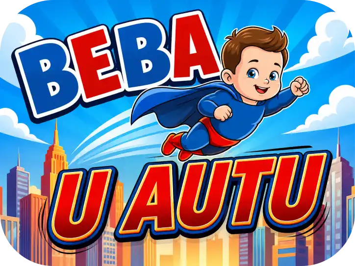 Magnetna Naljepnica za Auto – Mali Superheroj u Letu Personalizirani magnet za auto beba u autu s motivom malog heroja u plavom kostimu s plaštom koji leti iznad gradskih nebodera uz natpis 'BEBA' u plavo-crvenim bojama i 'U AUTU' u upečatljivom metalik crvenom stilu - Stickerai