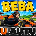 Personalizirani magnet za auto beba u autu s motivom malog vozača u trkaćem odijelu i kacigi koji upravlja narančasto-crnim bolidom Formule 1 na trkaćoj stazi s tribinama u pozadini - Stickerai