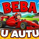 Personalizirani magnet za auto beba u autu s motivom malog vozača u crvenom trkaćem odijelu i kacigi koji upravlja crvenim bolidom Formule 1 na trkaćoj stazi s tribinama i dinamičnim žutim efektom brzine - Stickerai