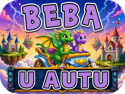 Personalizirani magnet za auto beba u autu s motivom dva vesela zmajića (zeleni i ljubičasti) koji se voze u čarobnoj kočiji kroz nebo iznad lebdećih dvoraca i otoka, uz natpis 'U AUTU' izrađen od svjetlećih kristala u kamenom okviru s runama - Stickerai