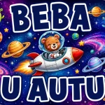 Personalizirani magnet za auto beba u autu s motivom malog medvjedića astronauta u raketi koja leti kroz veseli svemir prepun šarenih planeta, zvijezda i simpatičnih izvanzemaljaca uz tamnoplavi natpis 'BEBA U AUTU' - Stickerai