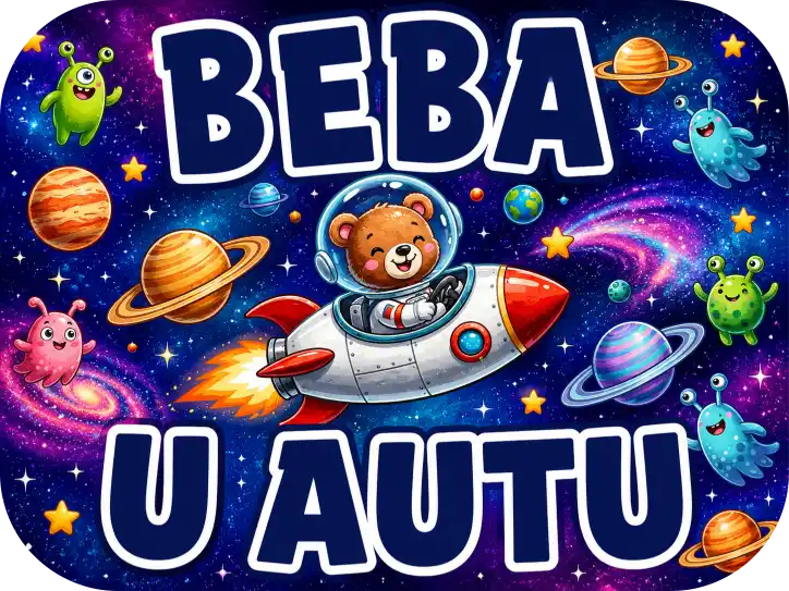 Magnetna Naljepnica za Auto – Medvjedić Astronaut Personalizirani magnet za auto beba u autu s motivom malog medvjedića astronauta u raketi koja leti kroz veseli svemir prepun šarenih planeta, zvijezda i simpatičnih izvanzemaljaca uz tamnoplavi natpis 'BEBA U AUTU' - Stickerai
