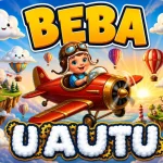 Personalizirani magnet za auto beba u autu s motivom malog pilota koji upravlja crvenim retro avionom kroz čarobno nebo s nasmijanim oblacima, lebdećim otocima i balonima uz natpis 'U AUTU' izrađen od bijelih oblaka i zlatnih zupčanika - Stickerai