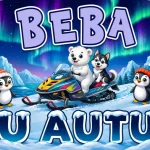 Personalizirani magnet za auto beba u autu s motivom polarnog medvjedića i haskija koji se voze na motornim sanjkama kroz snježni krajolik s pingvinima, planinama i polarnom svjetlošću uz natpis 'U AUTU' s efektom snijega - Stickerai