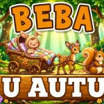 Personalizirani magnet za auto beba u autu s motivom bebe u kostimu zeca koja sjedi u ukrašenim drvenim kolicima koje vuku srna s cvjetnim vjenčićem i vjeverica kroz začaranu šumu s natpisom 'U AUTU' na polegnutom deblu - Stickerai