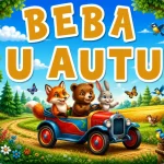 Personalizirani magnet za auto beba u autu s motivom vesele lisice, medvjedića i zečića koji se voze u šarenom retro automobilu kroz idiličan krajolik s rascvjetanom livadom, pticama i leptirima, uz natpis 'BEBA U AUTU' s raznobojnim teksturama i efektom drveta - Stickerai