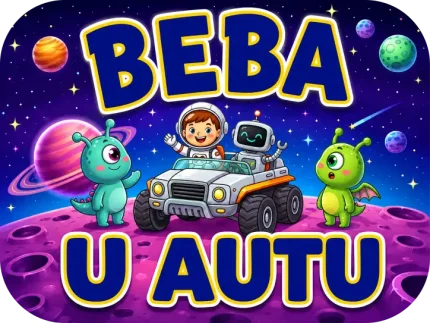 Personalizirani magnet za auto beba u autu s motivom malog astronauta i robota u roveru na ljubičastoj površini planeta u društvu simpatičnih zelenih izvanzemaljaca pod zvjezdanim nebom uz natpis 'BEBA U AUTU' u plavo-žutoj boji - Stickerai