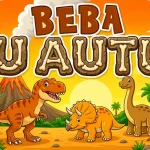 Personalizirani magnet za auto beba u autu s motivom tri vesela dinosaura (narančasti T-Rex, žuti Triceratops i smeđi Brachiosaurus) u prapovijesnom krajoliku s aktivnim vulkanom, palmama i zalaskom sunca uz natpis 'U AUTU' izrađen od stiliziranih kostiju - Stickerai