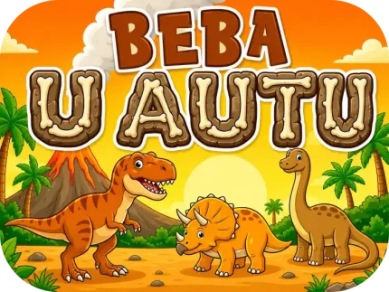 Personalizirani magnet za auto beba u autu s motivom tri vesela dinosaura (narančasti T-Rex, žuti Triceratops i smeđi Brachiosaurus) u prapovijesnom krajoliku s aktivnim vulkanom, palmama i zalaskom sunca uz natpis 'U AUTU' izrađen od stiliziranih kostiju - Stickerai