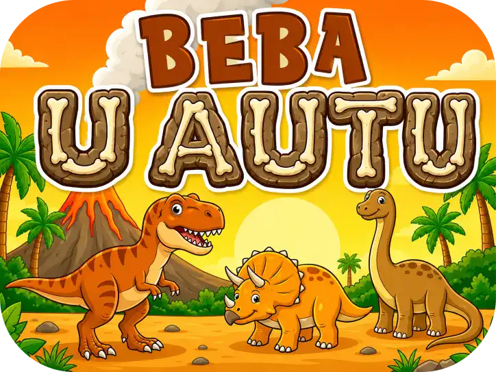 Magnetna Naljepnica za Auto – Svijet Dinosaura Personalizirani magnet za auto beba u autu s motivom tri vesela dinosaura (narančasti T-Rex, žuti Triceratops i smeđi Brachiosaurus) u prapovijesnom krajoliku s aktivnim vulkanom, palmama i zalaskom sunca uz natpis 'U AUTU' izrađen od stiliziranih kostiju - Stickerai