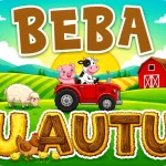 Personalizirani magnet za auto beba u autu s motivom veselog praseta i kravice koji se voze u malom crvenom traktoru na farmi s crvenim ambarom, ovcom i kvočkom s pilićima, uz natpis 'U AUTU' izrađen od teksture sijena i drveta - Stickerai