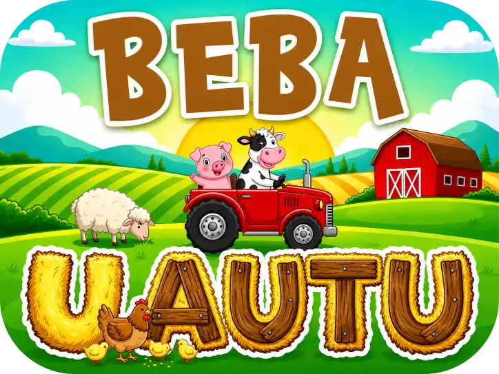 Magnetna Naljepnica za Auto – Vesela Farma Personalizirani magnet za auto beba u autu s motivom veselog praseta i kravice koji se voze u malom crvenom traktoru na farmi s crvenim ambarom, ovcom i kvočkom s pilićima, uz natpis 'U AUTU' izrađen od teksture sijena i drveta - Stickerai