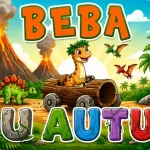 Personalizirani magnet za auto beba u autu s motivom malog dinosaura s vjenčićem od lišća koji upravlja vozilom od šupljeg debla s kamenim kotačima kroz prapovijesnu džunglu s vulkanima, stegosaurom i pterodaktilima uz natpis 'U AUTU' izrađen od kamena i drva s lozom - Stickerai
