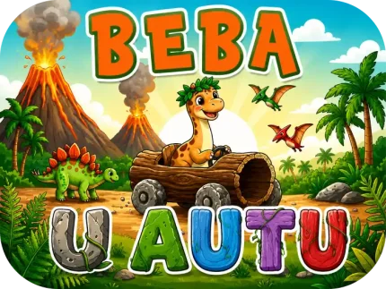 Personalizirani magnet za auto beba u autu s motivom malog dinosaura s vjenčićem od lišća koji upravlja vozilom od šupljeg debla s kamenim kotačima kroz prapovijesnu džunglu s vulkanima, stegosaurom i pterodaktilima uz natpis 'U AUTU' izrađen od kamena i drva s lozom - Stickerai