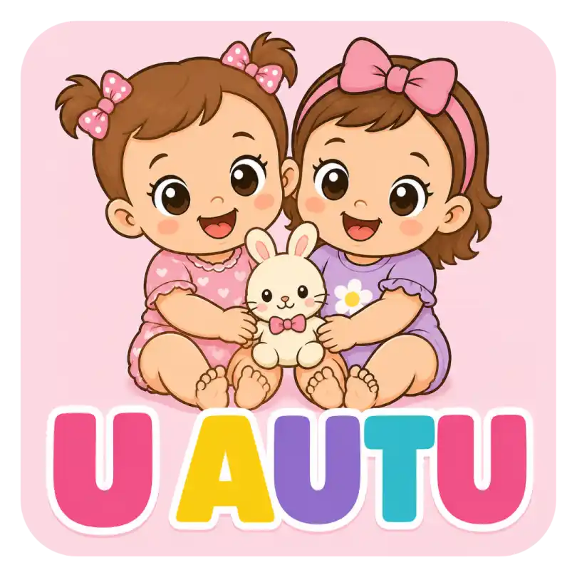 cure_1 Slatka ilustracija dvije bebe djevojčice s ružičastim mašnicama u kosi koje sjede i drže malog bijelog plišanog zečića iznad šarenog natpisa 'U AUTU'.