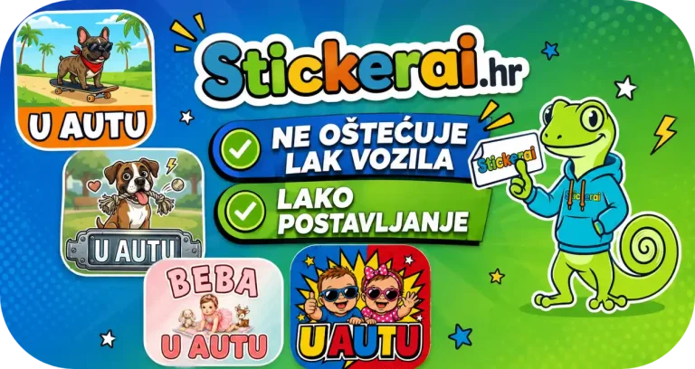 Stickerai.hr banner s magnetnim naljepnicama za auto – beba u autu i pas u autu, ne oštećuje lak vozila, lako postavljanje, personalizirane auto magnetne naljepnice za vozila u Hrvatskoj